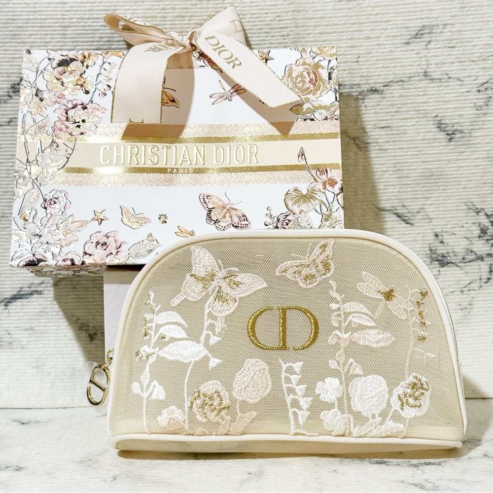 Dior Beauty Butterfly Floral Embroidered Mesh Pouch with Matching Gift Bag